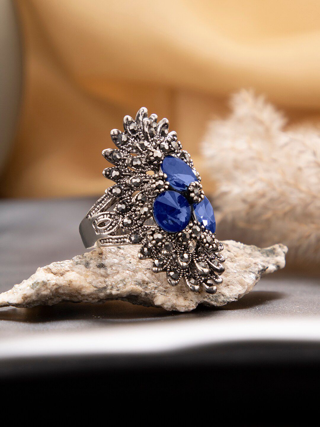 SOHI Silver-Plated & Blue Stone-Studded Adjustable Sparkling Finger Ring Price in India