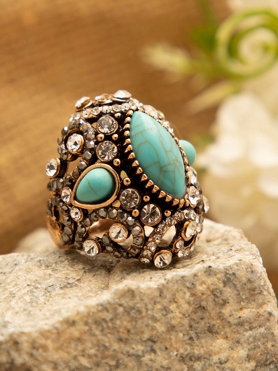 SOHI Gold-Plated Blue Stone-Studded Finger Ring Price in India