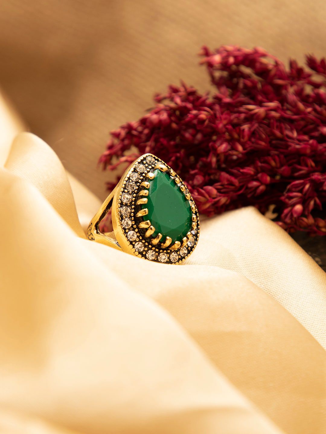 SOHI Gold-Plated Green & White Stone Studded Finger Ring Price in India