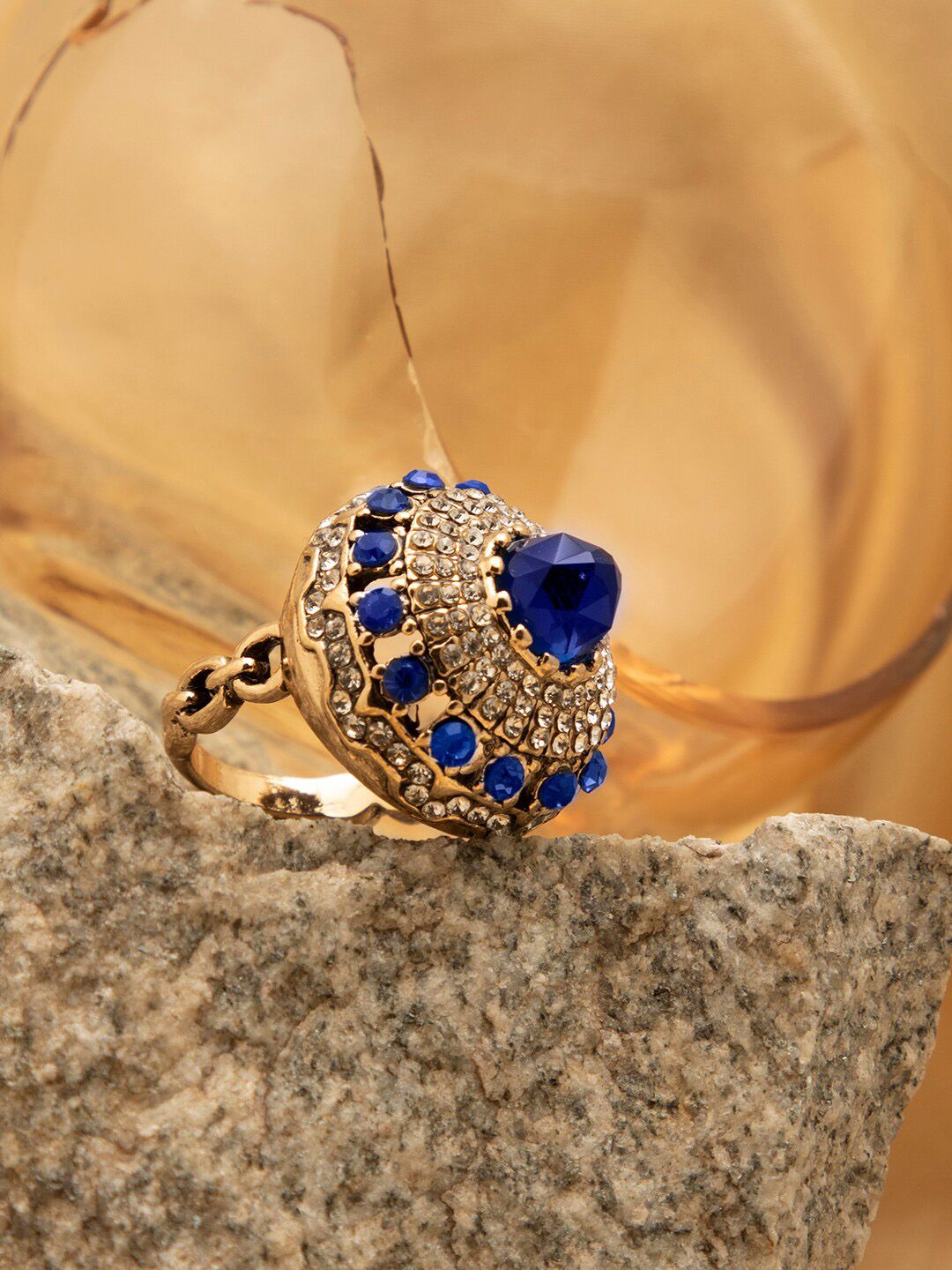 SOHI Gold-Plated Blue Stone Studded Designer Finger Ring Price in India