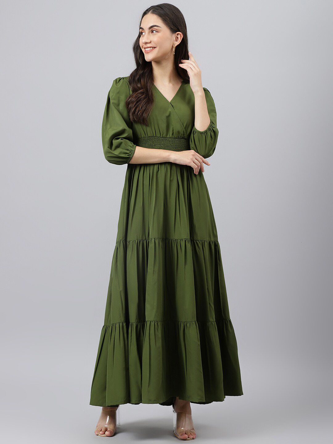 DEEBACO Olive Green Tiered Wrap Style Maxi Dress Price in India