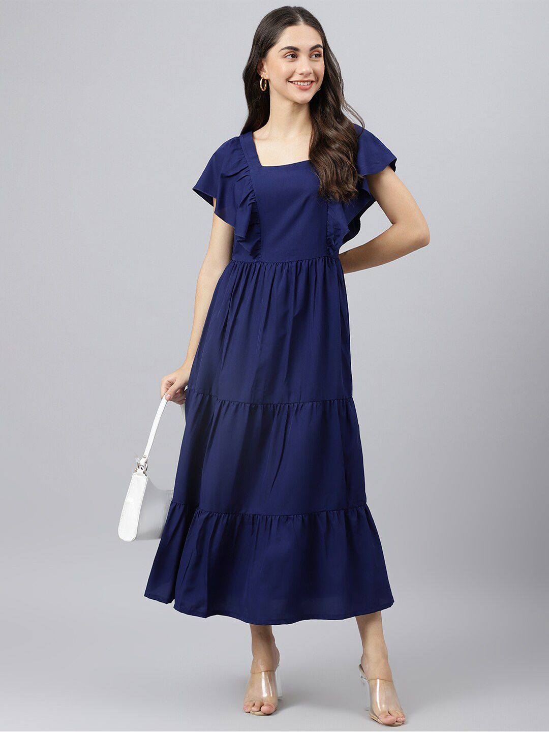 DEEBACO Navy Blue Maxi Tiered Dress Price in India
