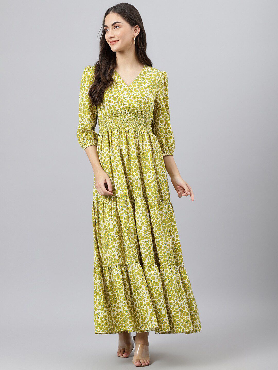 DEEBACO Women Green Floral Printed V-Neck Maxi Dress Price in India