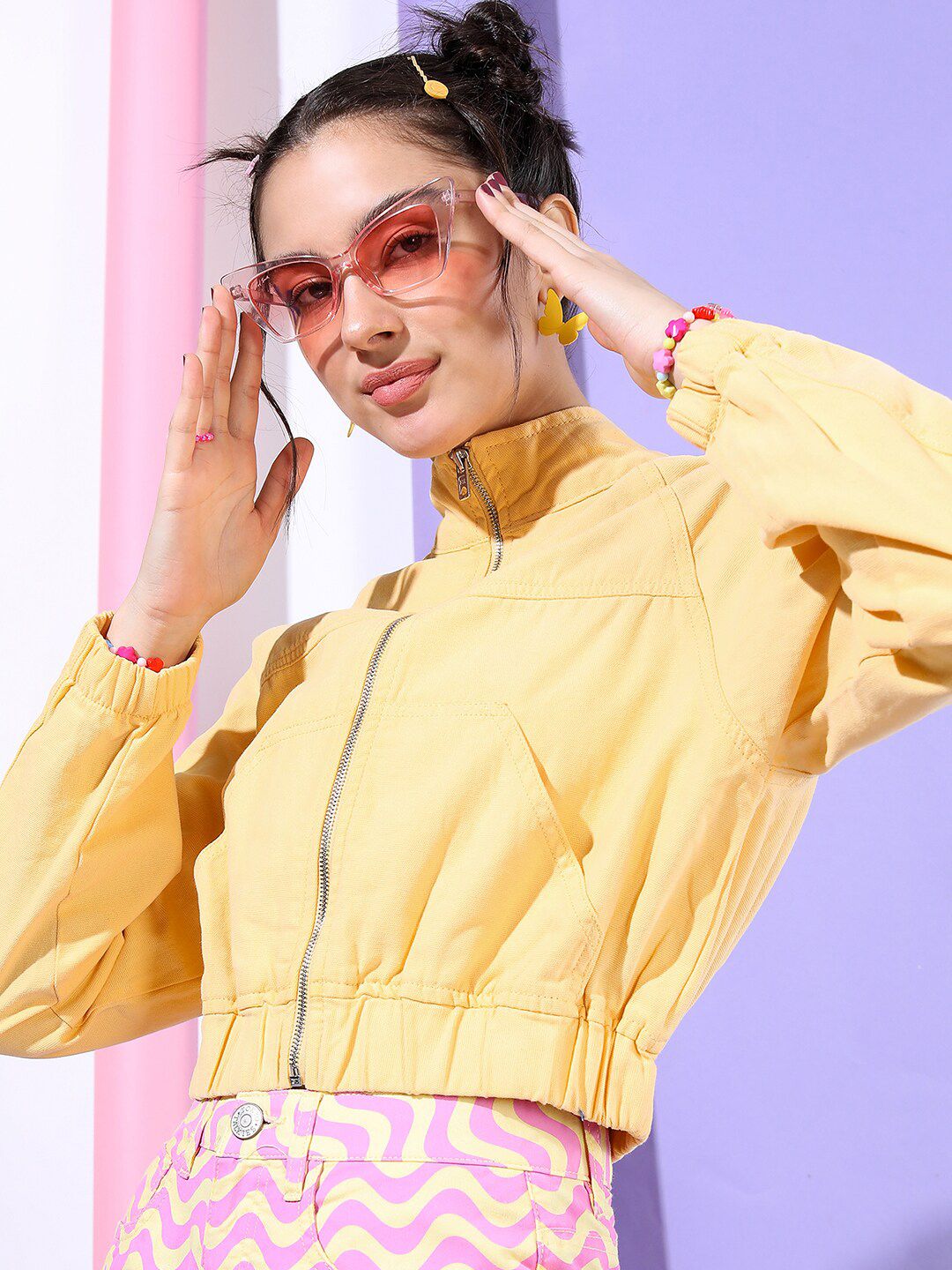 Tokyo Talkies Women Yellow Crop Tailored Jacket with Patchwork Price in India