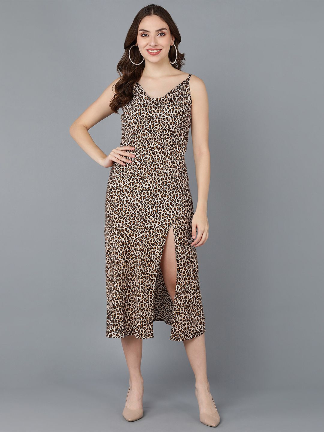 ZNX Clothing Brown Animal Crepe A-Line Midi Dress Price in India