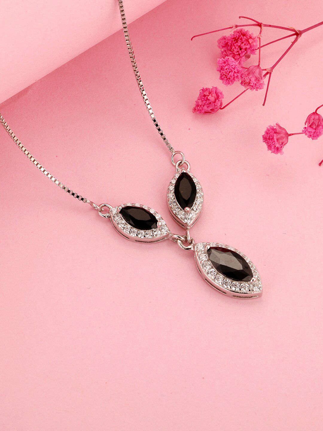 GIVA Silver-Toned & Black 925 Sterling Silver Rhodium-Plated Necklace Price in India