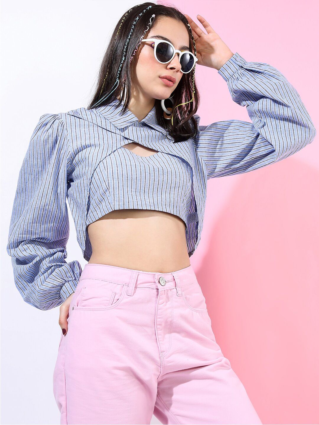Buy Tokyo Talkies Blue Striped Shirt Style Crop Top With Inner