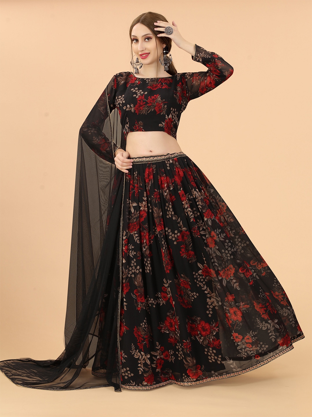 ASPORA Black & Red Printed Ready to Wear Lehenga & Blouse With Dupatta Price in India