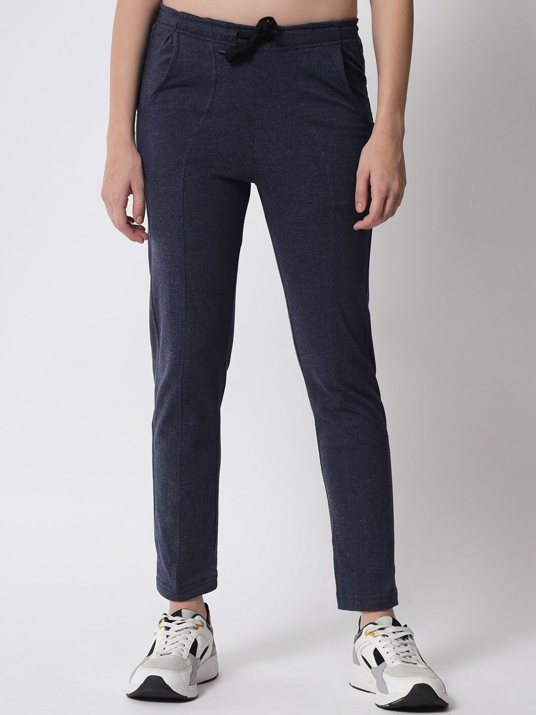 Q-rious Women Navy Blue Solid Track Pants Price in India