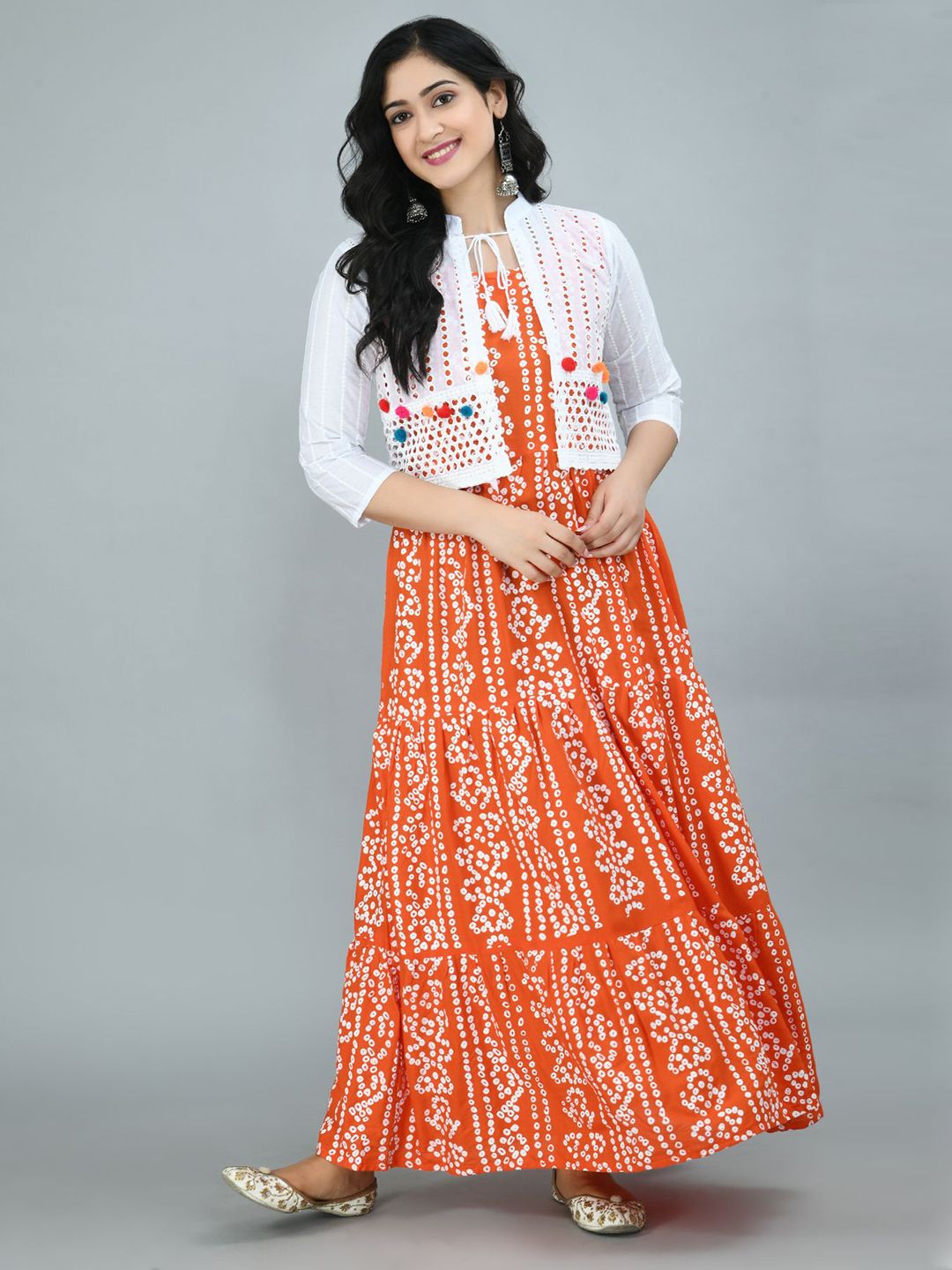 Queenswear Creation Women Orange & White Bandhani Printed Maxi Dress Price in India