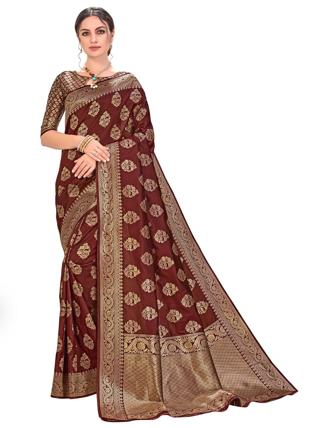 SARIYA Maroon & Gold-Toned Floral Zari Silk Blend Banarasi Saree Price in India