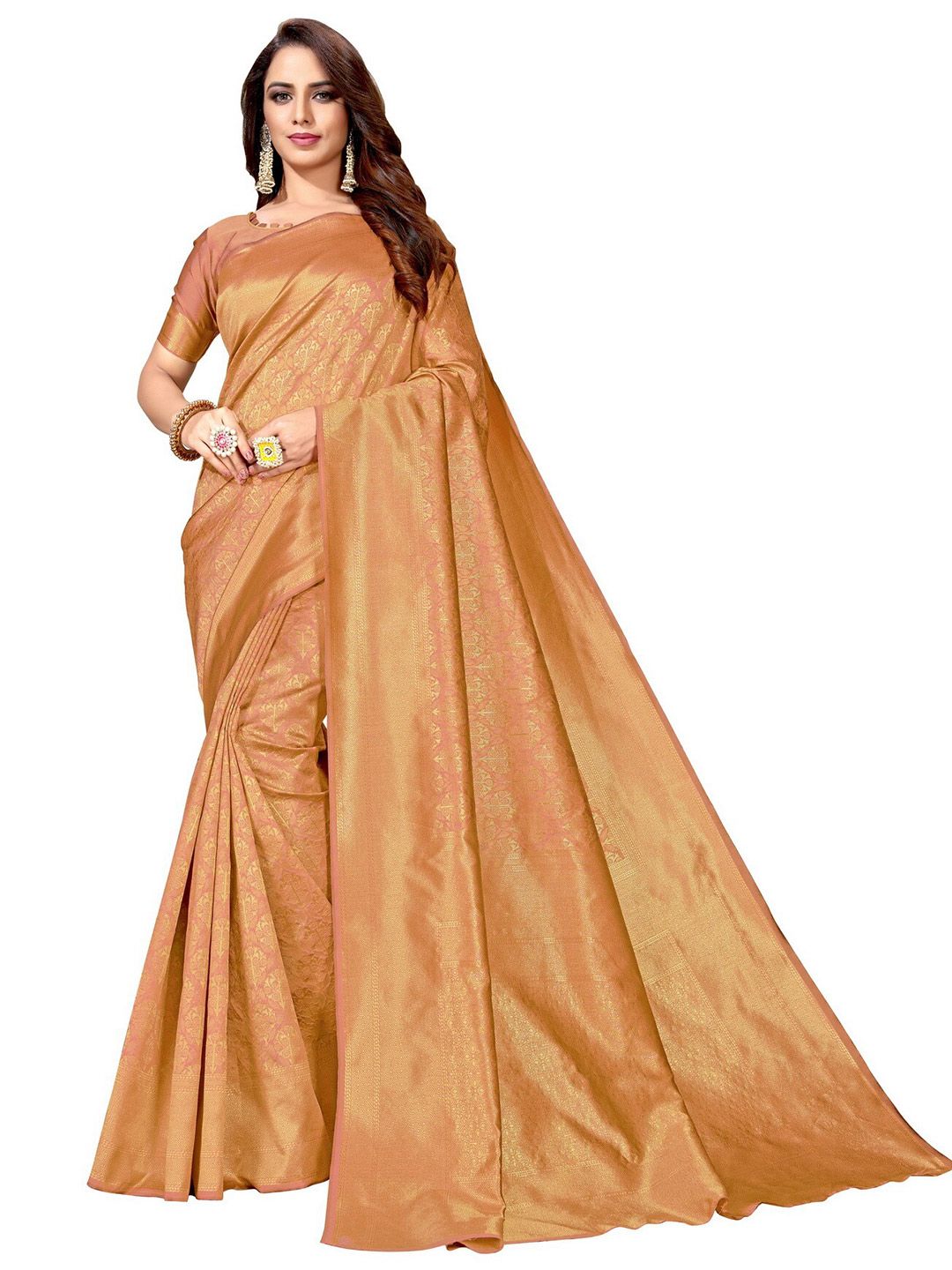 SARIYA Copper-Toned & Gold-Toned Floral Zari Silk Blend Banarasi Saree Price in India