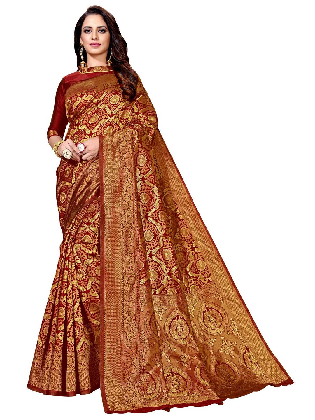 SARIYA Maroon Ethnic Motifs Zari Silk Blend Banarasi Saree Price in India