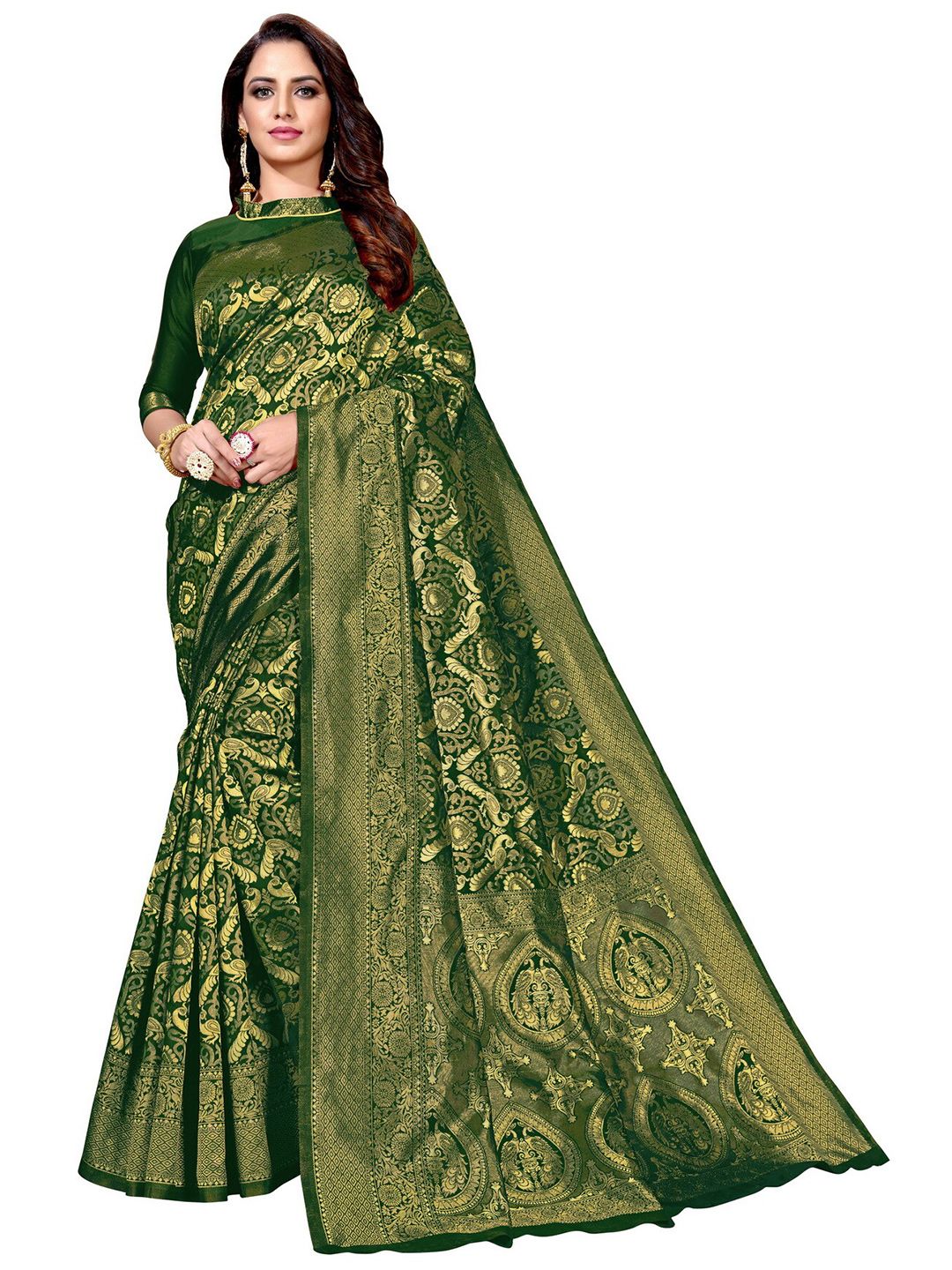 SARIYA Green & Gold-Toned Floral Zari Silk Blend Banarasi Saree Price in India