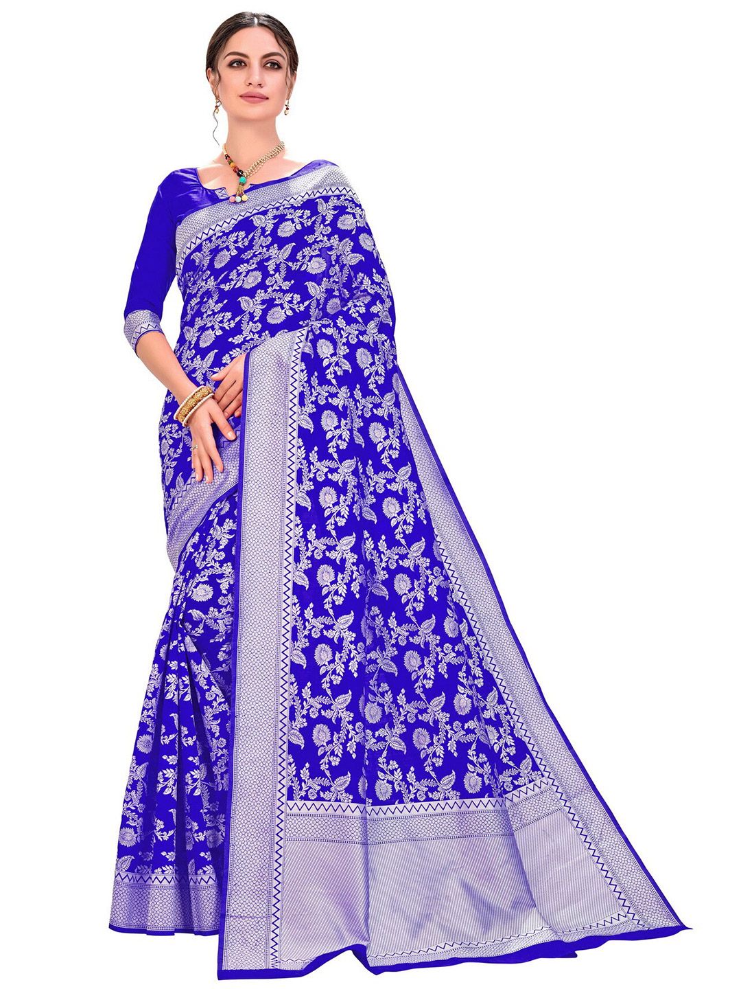 SARIYA Blue & Silver-Toned Floral Zari Silk Blend Banarasi Saree Price in India