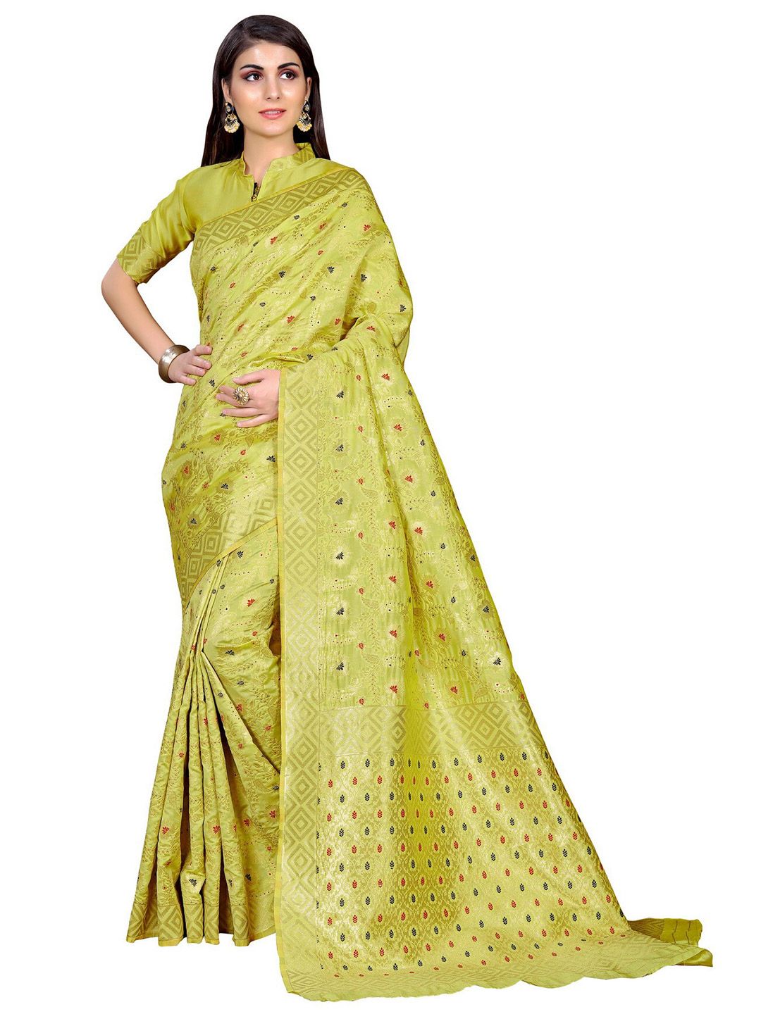 SARIYA Lime Green & Gold-Toned Floral Zari Silk Blend Banarasi Saree Price in India