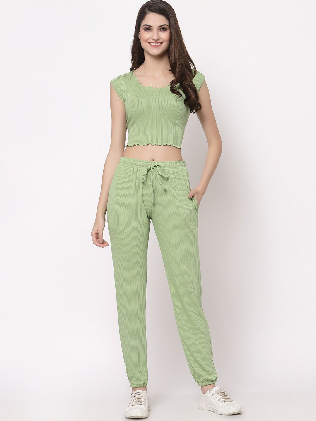 ASEELO Women's Sea Green Crop Top With Joggers Set Price in India
