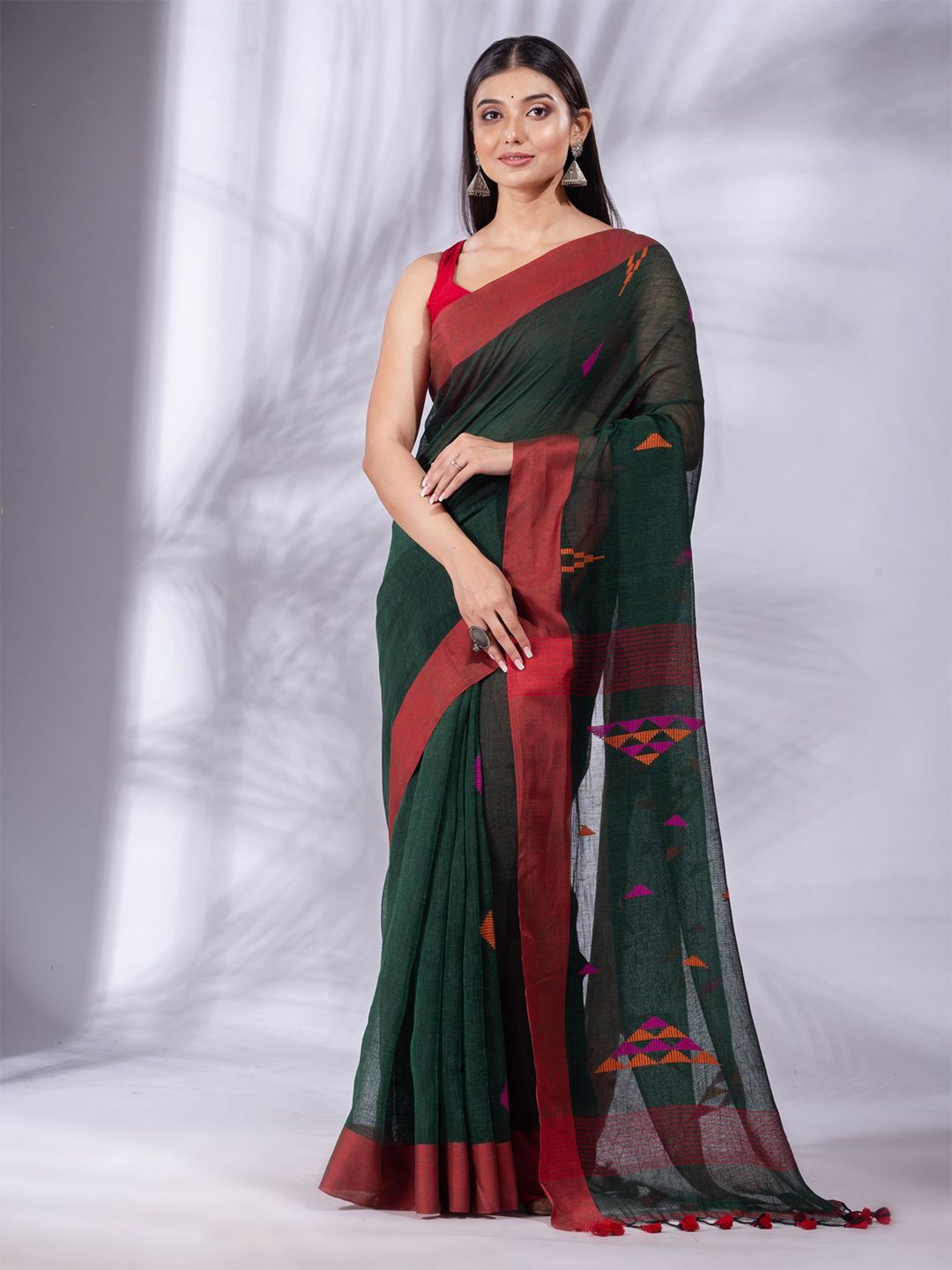 Charukriti Green & Red Woven Design Pure Linen Saree