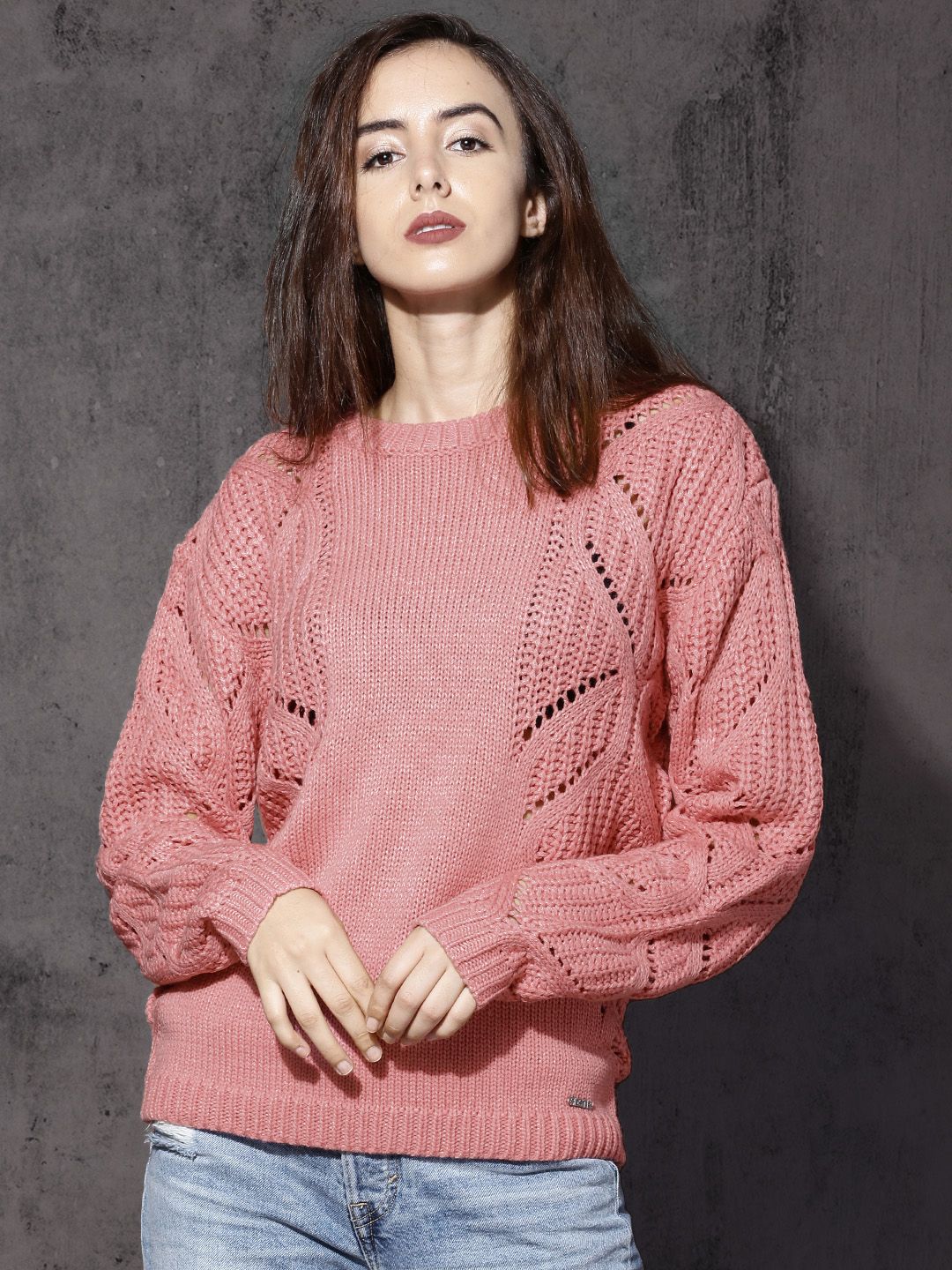 Roadster Women Pink Self Design Pullover Price in India