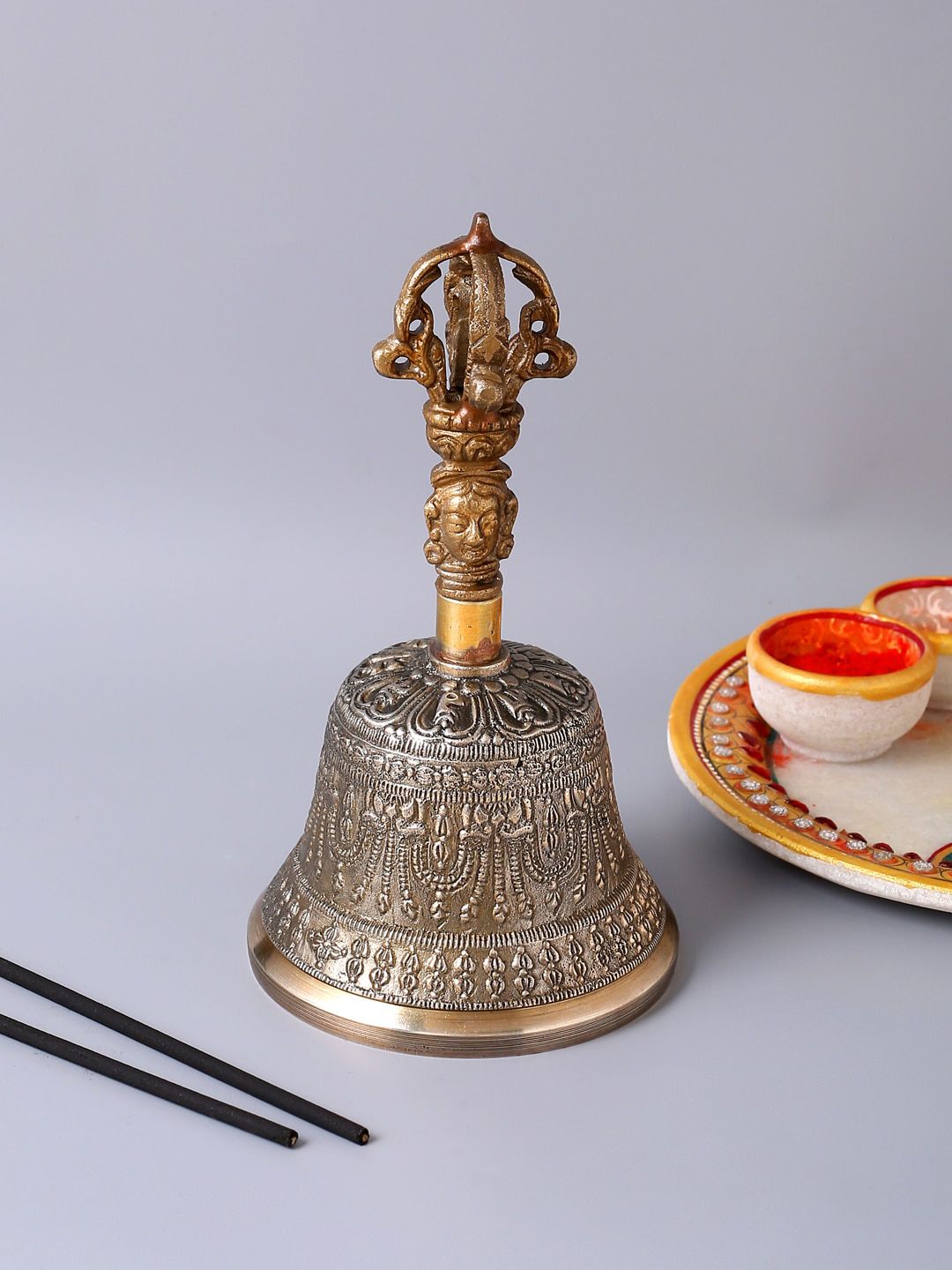 RDK Gold-Toned & Grey Textured Tibetian Pooja Bell Price in India