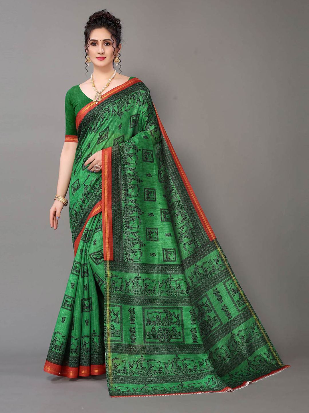 HRITIKA Green & Red Ethnic Motifs Art Silk Saree Price in India