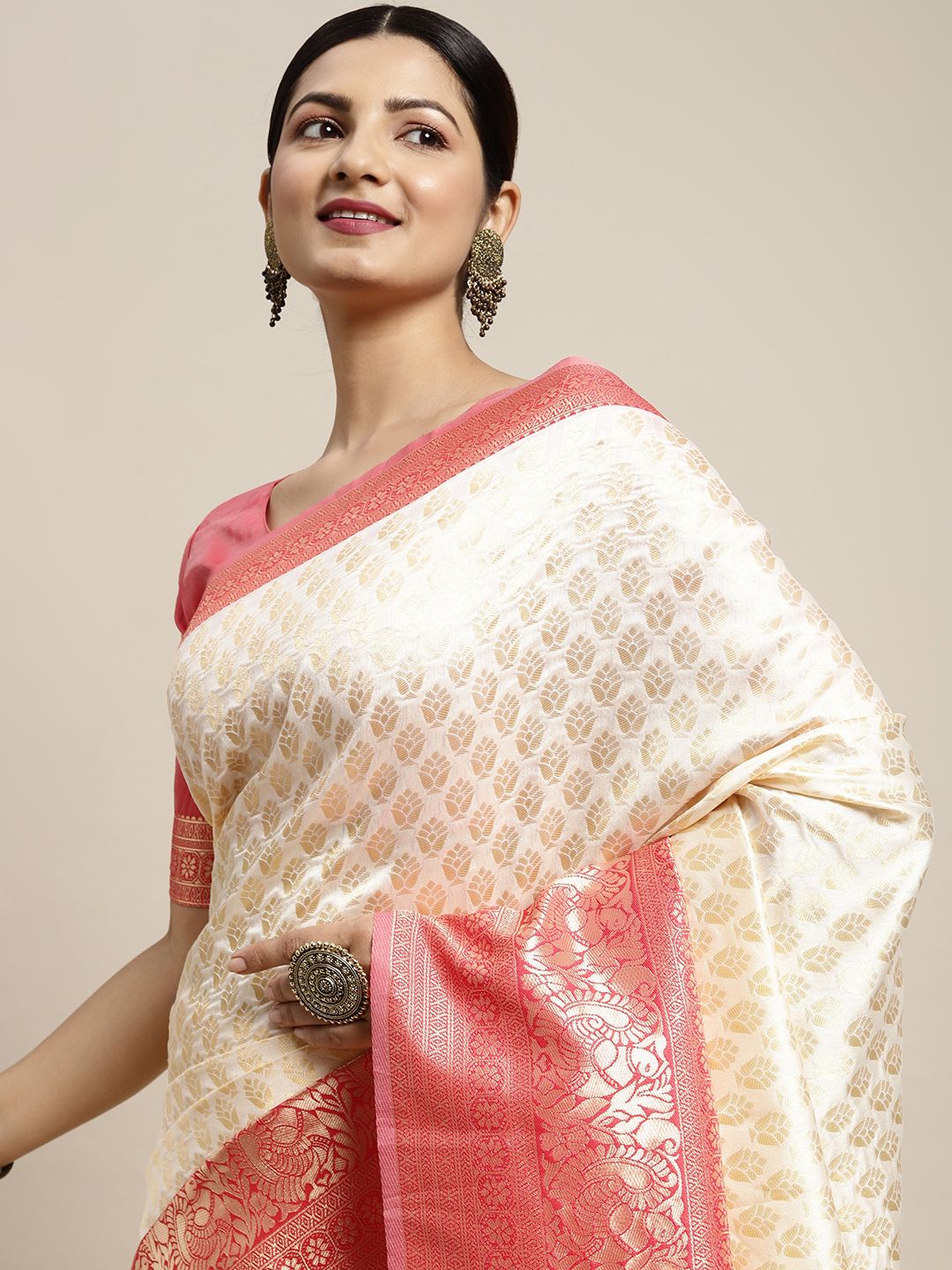 Saree mall Off White & Pink Ethnic Motifs Print Silk Blend Kanjeevaram Sarees Price in India