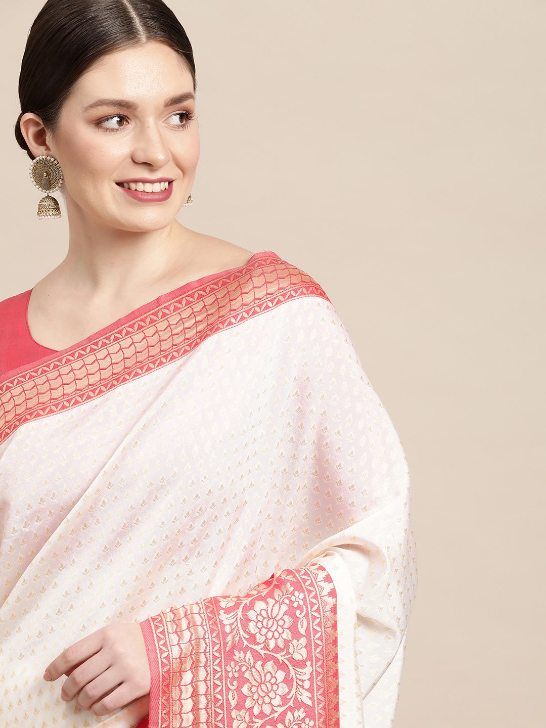 Saree mall Off White & Pink Ethnic Motifs Print Silk Blend Kanjeevaram Sarees Price in India