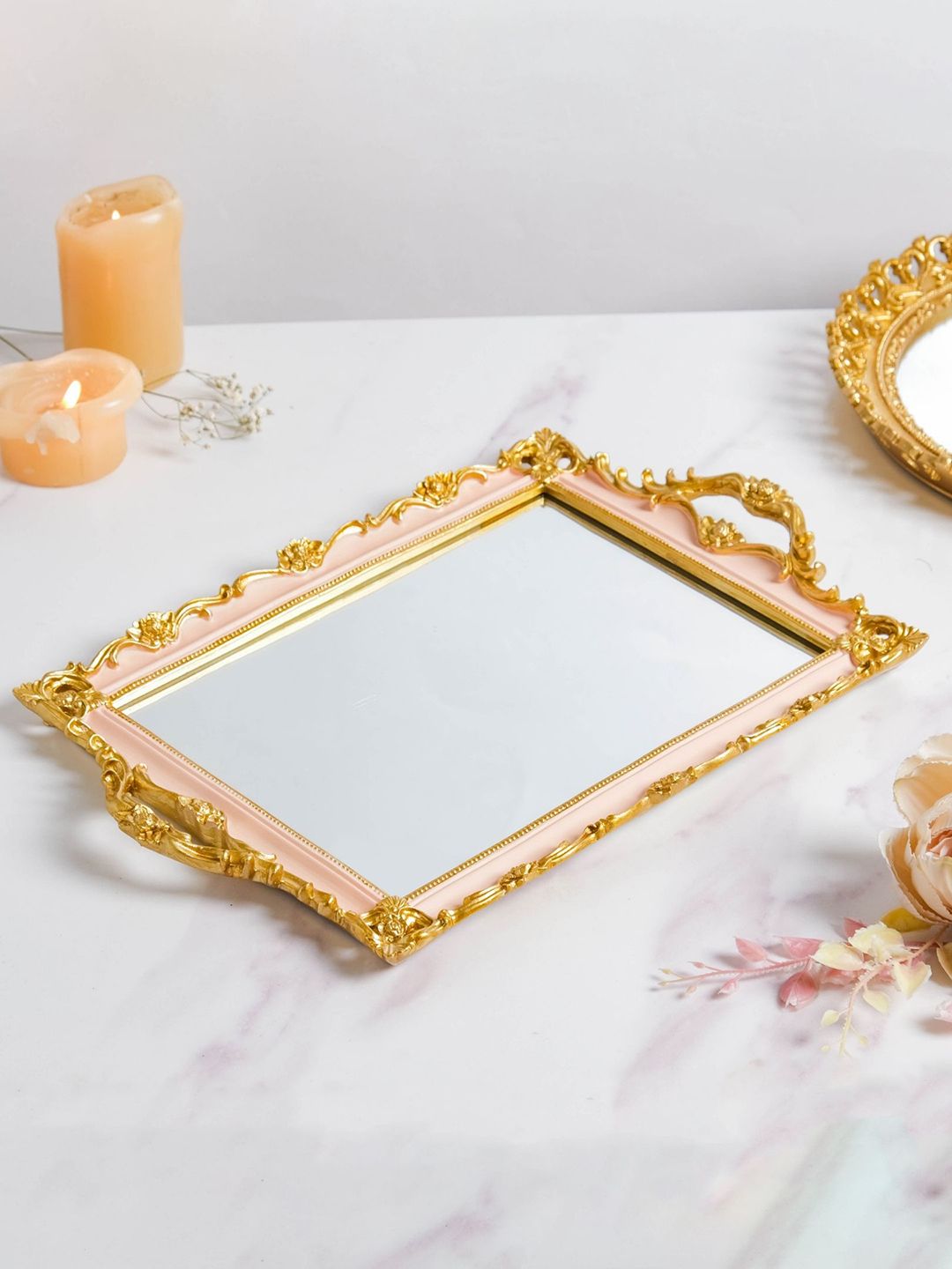 Nestasia Pink and Gold Theia Glam Rectangle Tray With Handles Price in India
