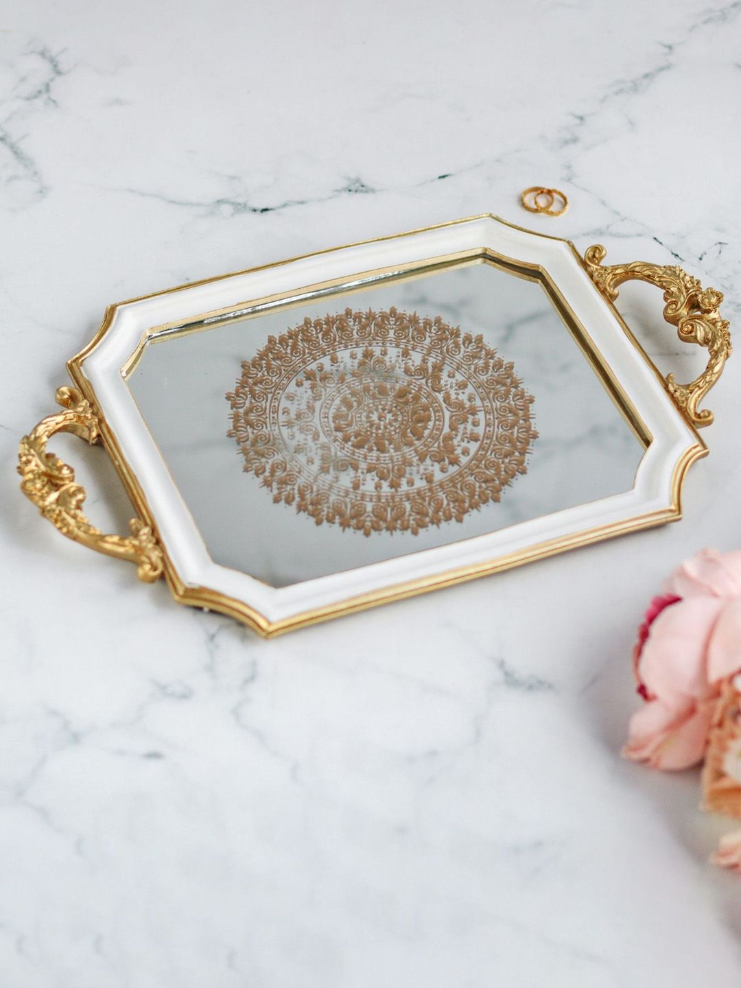 Nestasia Gold & White Mirror Tray Price in India