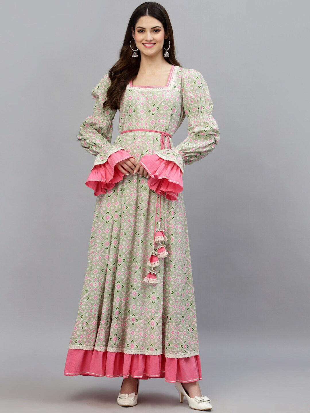 Ragavi Green & Pink Floral Belted Pure Cotton Maxi Dress Price in India