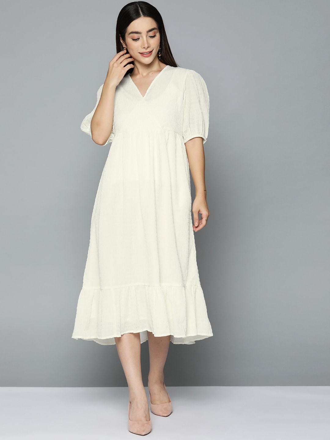 Femella Off White Wrap Textured Chiffon Midi Dress Price in India
