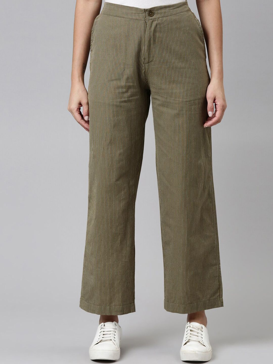 Go Colors Women Olive Green Striped Relaxed Linen Trousers Price in India