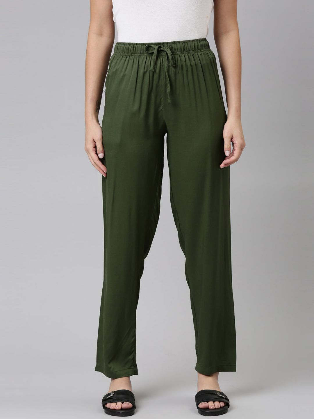 Go Colors Women Olive Green Relaxed Trousers Price in India