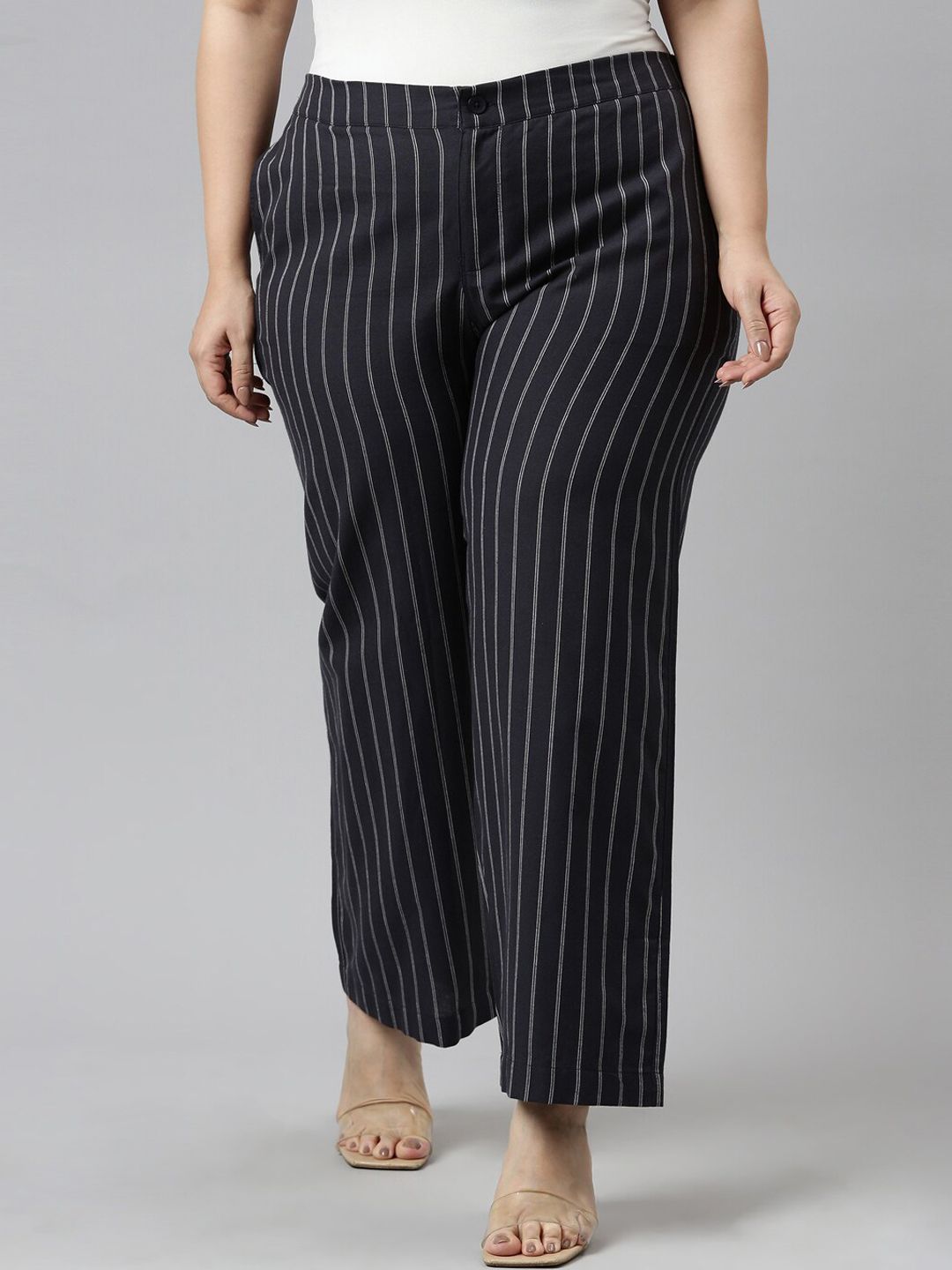 Go Colors Women Navy Blue Striped Relaxed Trousers Price in India