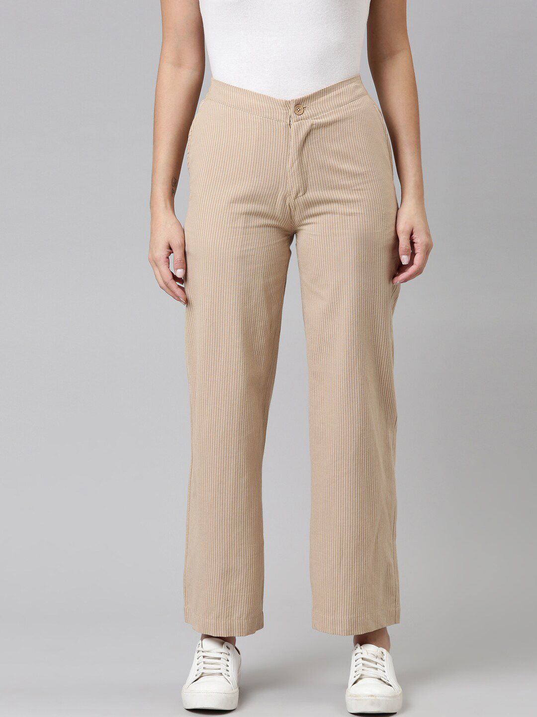 Go Colors Women Beige Striped Relaxed Trousers Price in India