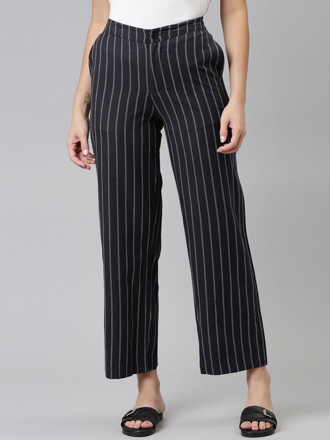 Go Colors Women Navy Blue Striped Relaxed Trouser Price in India