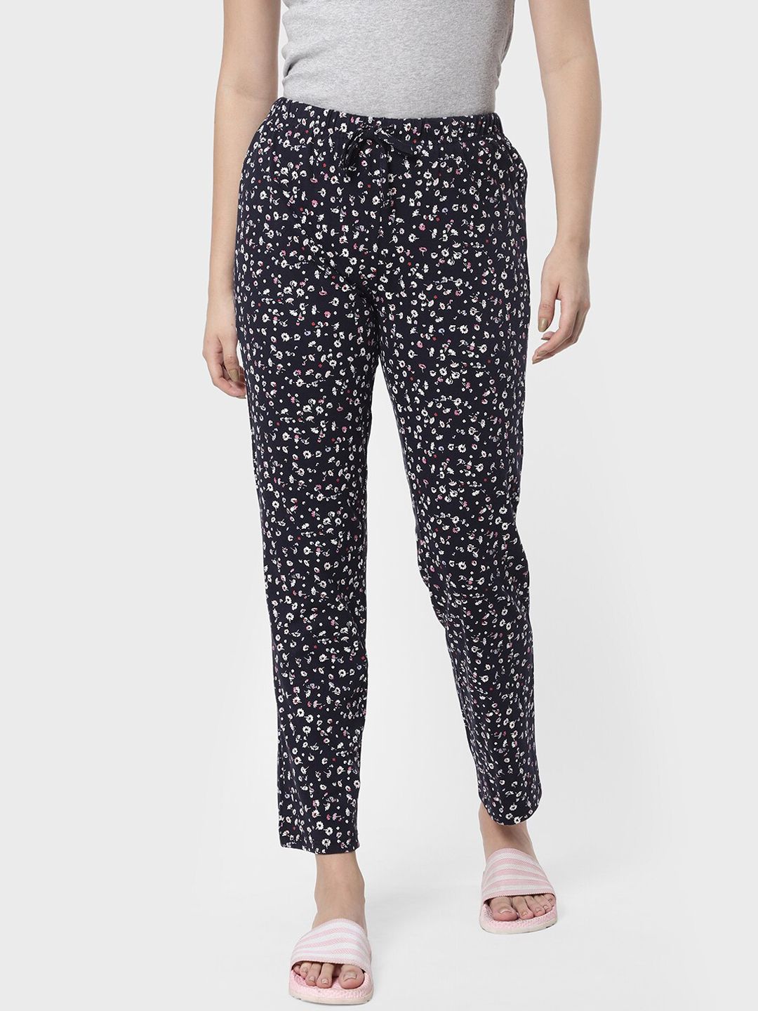 R&B Women White & Navy Blue Floral Printed Cotton Lounge Pants Price in India