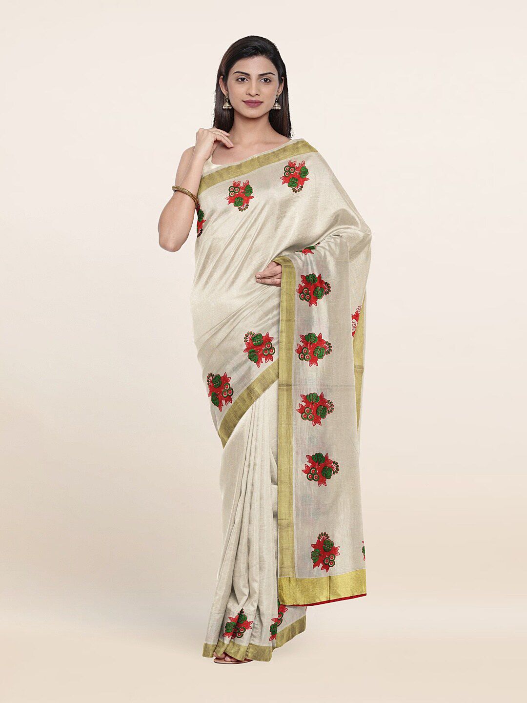 Pothys Off White & Red Floral Zari Pure Cotton Saree Price in India