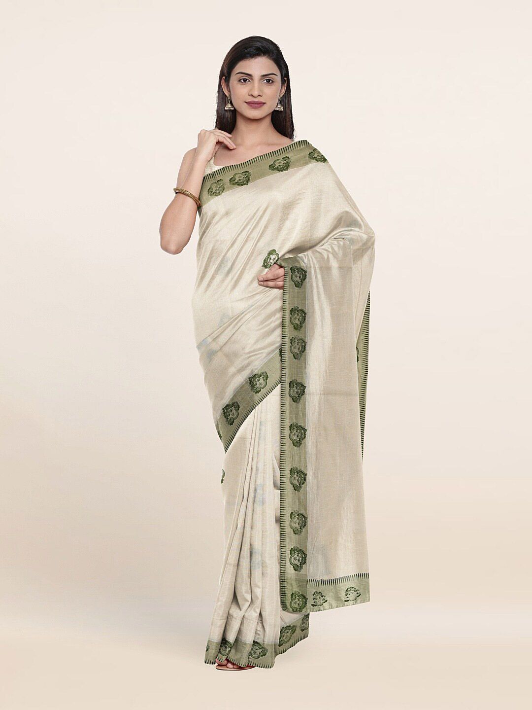 Pothys Off White & Green Goddess Face Print Pure Cotton Saree Price in India