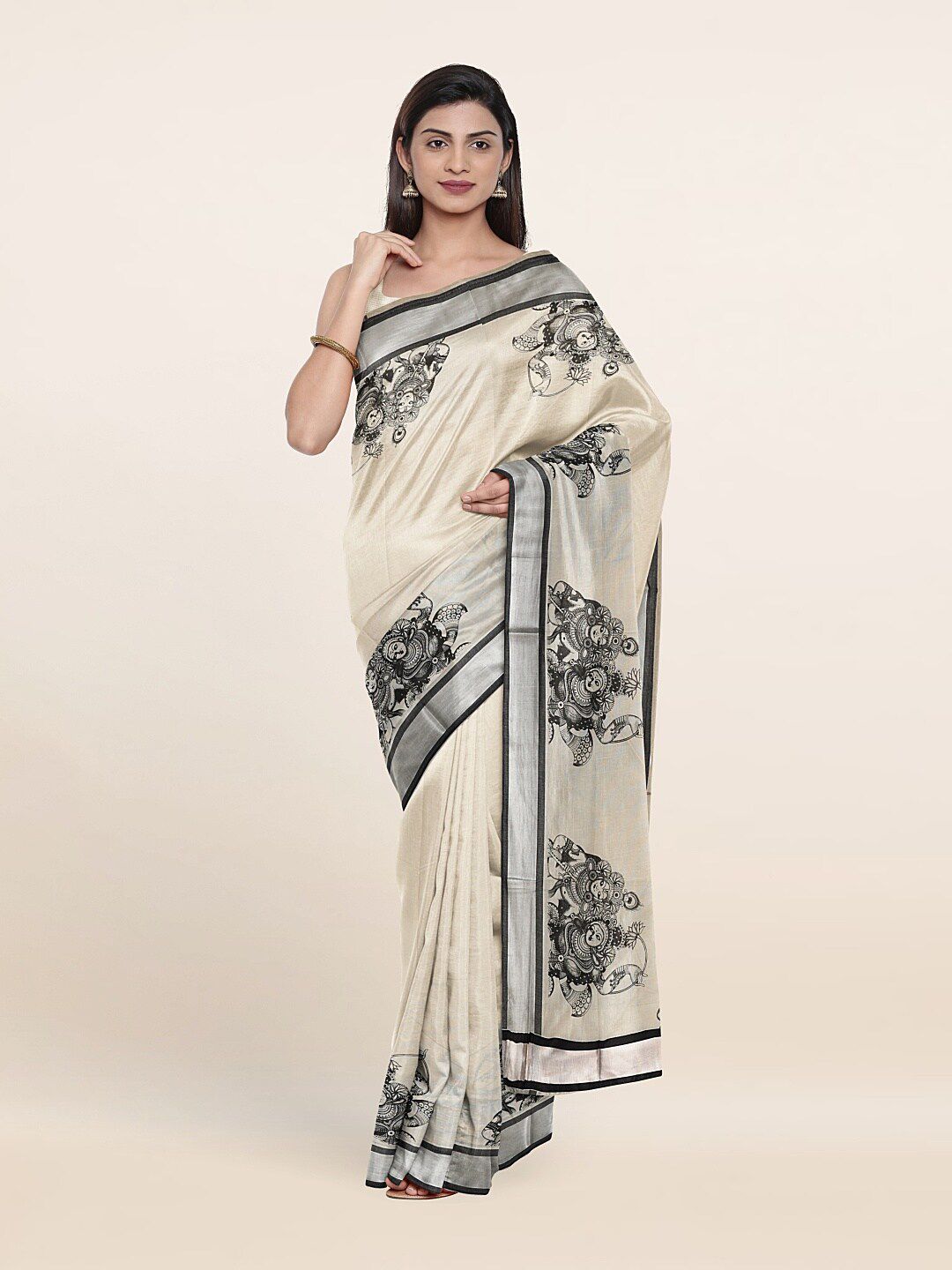 Pothys Women Off White & Black Ethnic Motifs Printed Onam Pure Cotton Saree Price in India