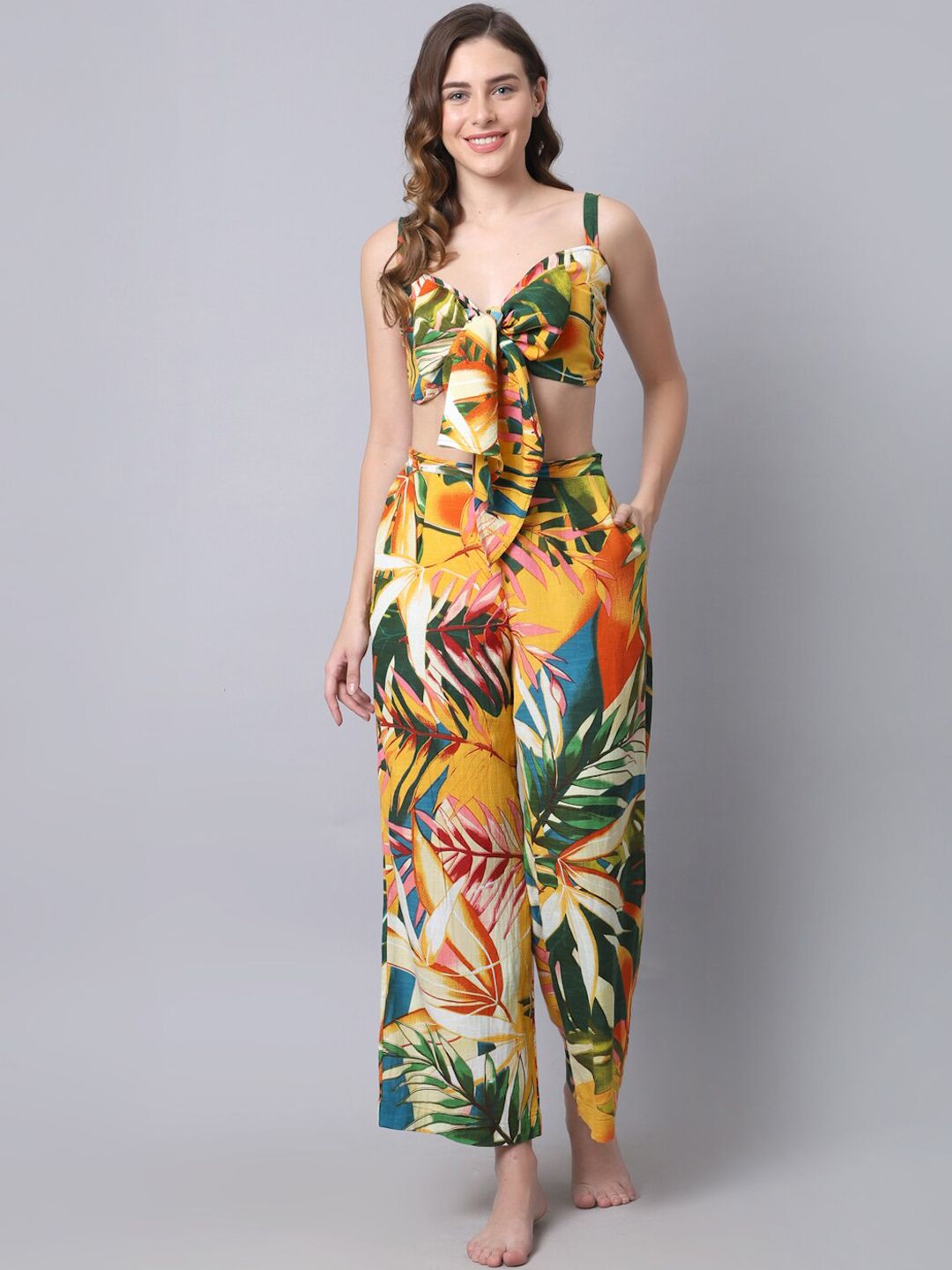 EROTISSCH Women Yellow & Green Tropical Printed Beachwear Set Price in India