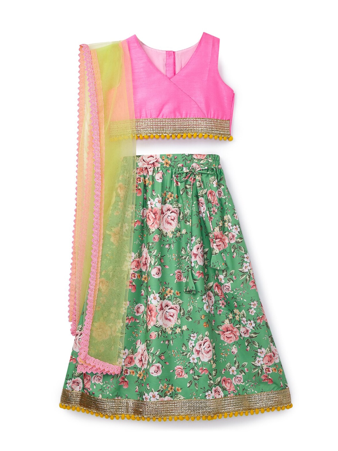 HERE&NOW Girls Pink & Green Ready to Wear Lehenga & Blouse With Dupatta Price in India