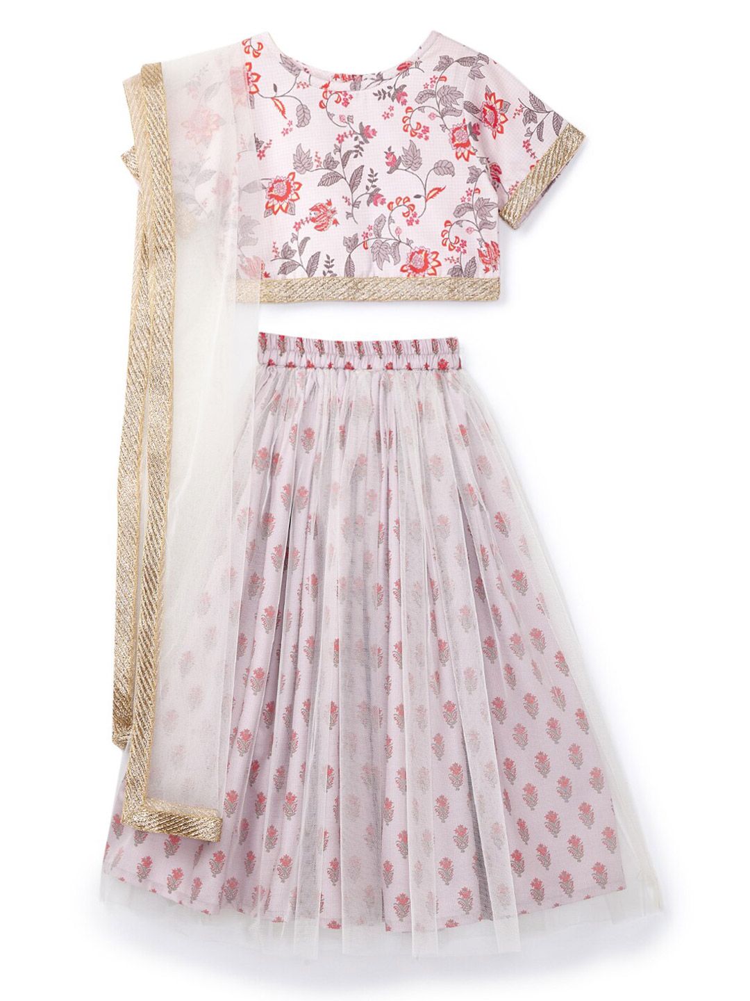 HERE&NOW Girls Cream-Coloured & Pink Printed Ready to Wear Lehenga & Blouse With Dupatta Price in India