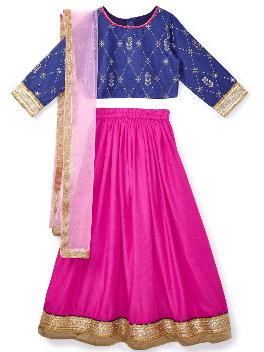 HERE&NOW Kids-Girls Pink & Blue Embroidered Ready to Wear Lehenga & Blouse With Dupatta