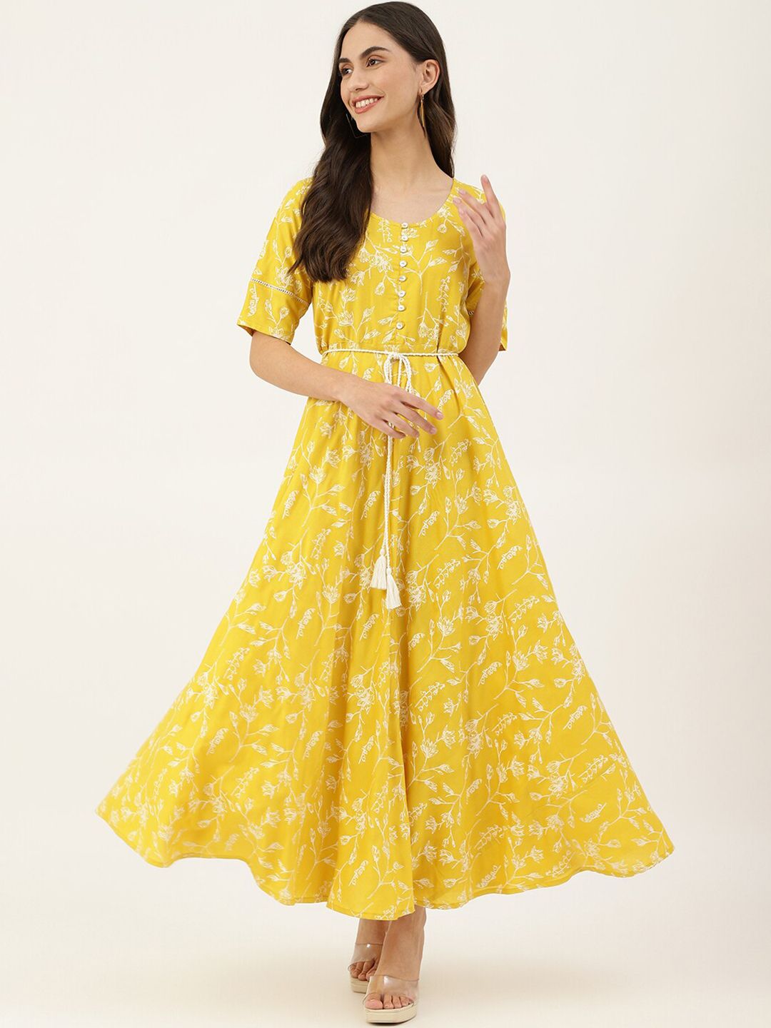 DECKEDUP Women  Yellow Floral Maxi Dress Price in India