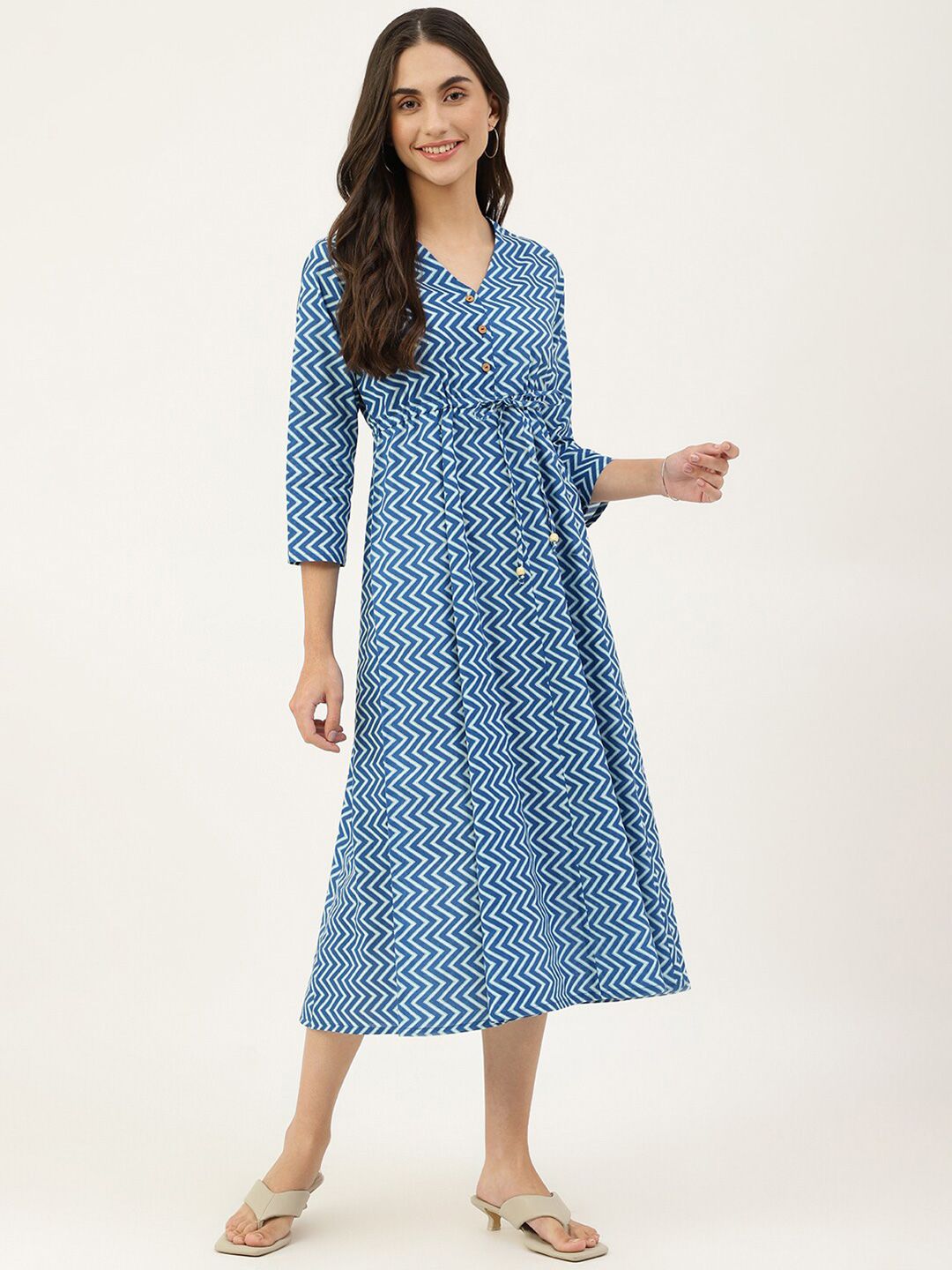 DECKEDUP Blue Printed Midi Dress Price in India