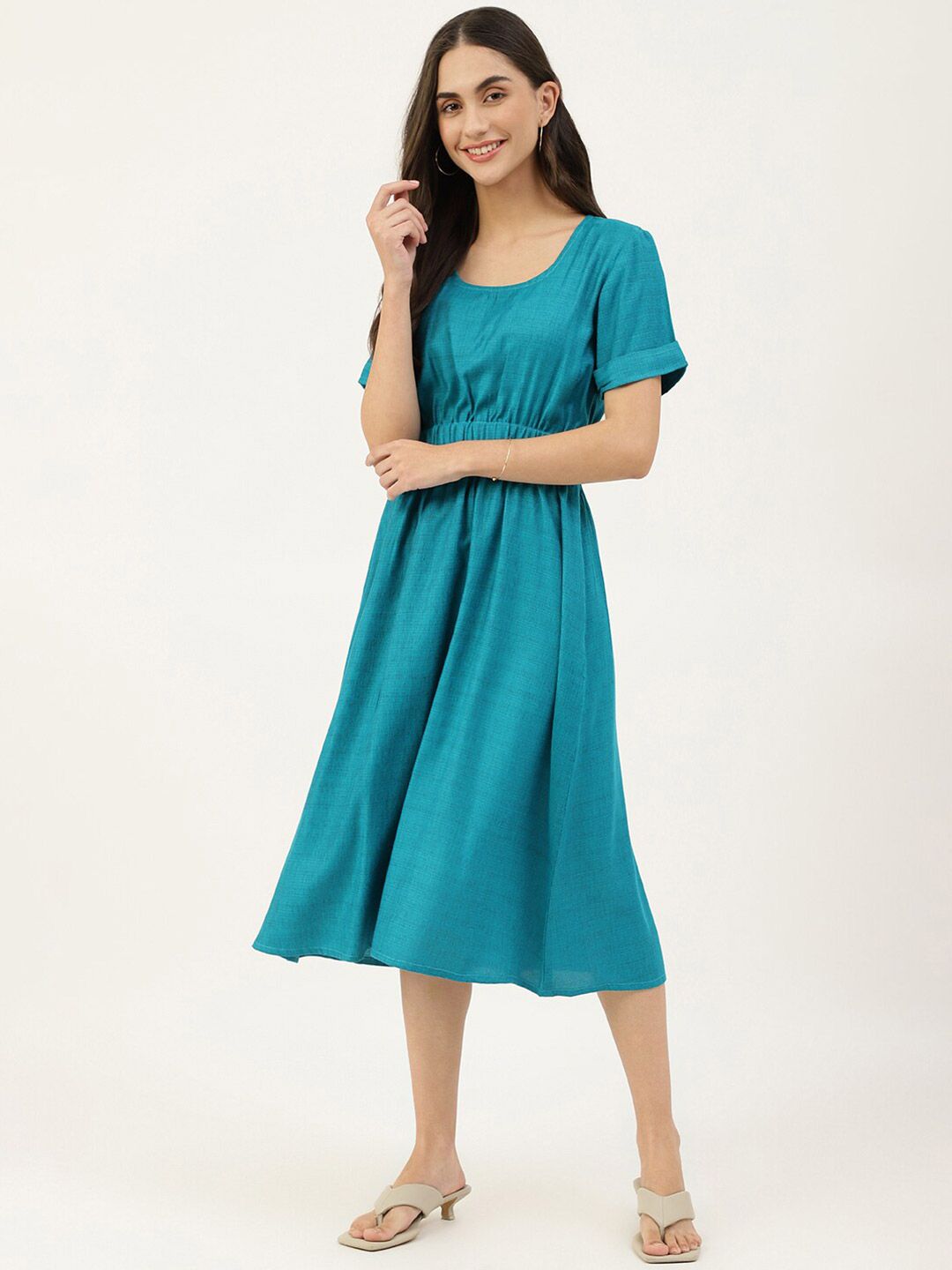 DECKEDUP Blue Solid Midi Dress Price in India