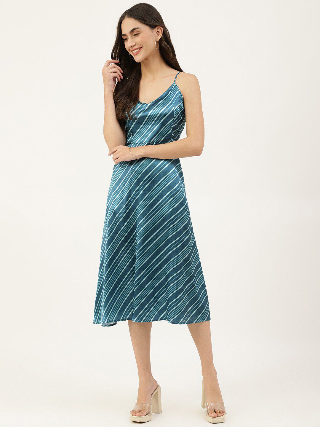 DECKEDUP Blue Striped Midi Dress Price in India