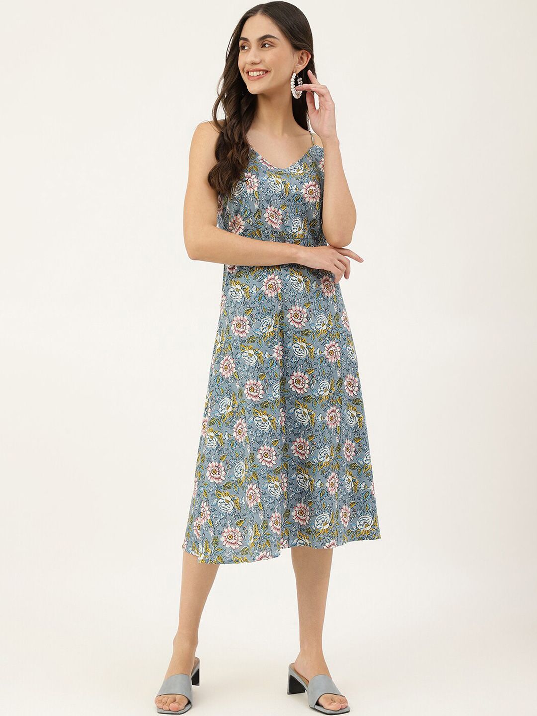 DECKEDUP Grey Floral Fit & Flare Midi Dress Price in India