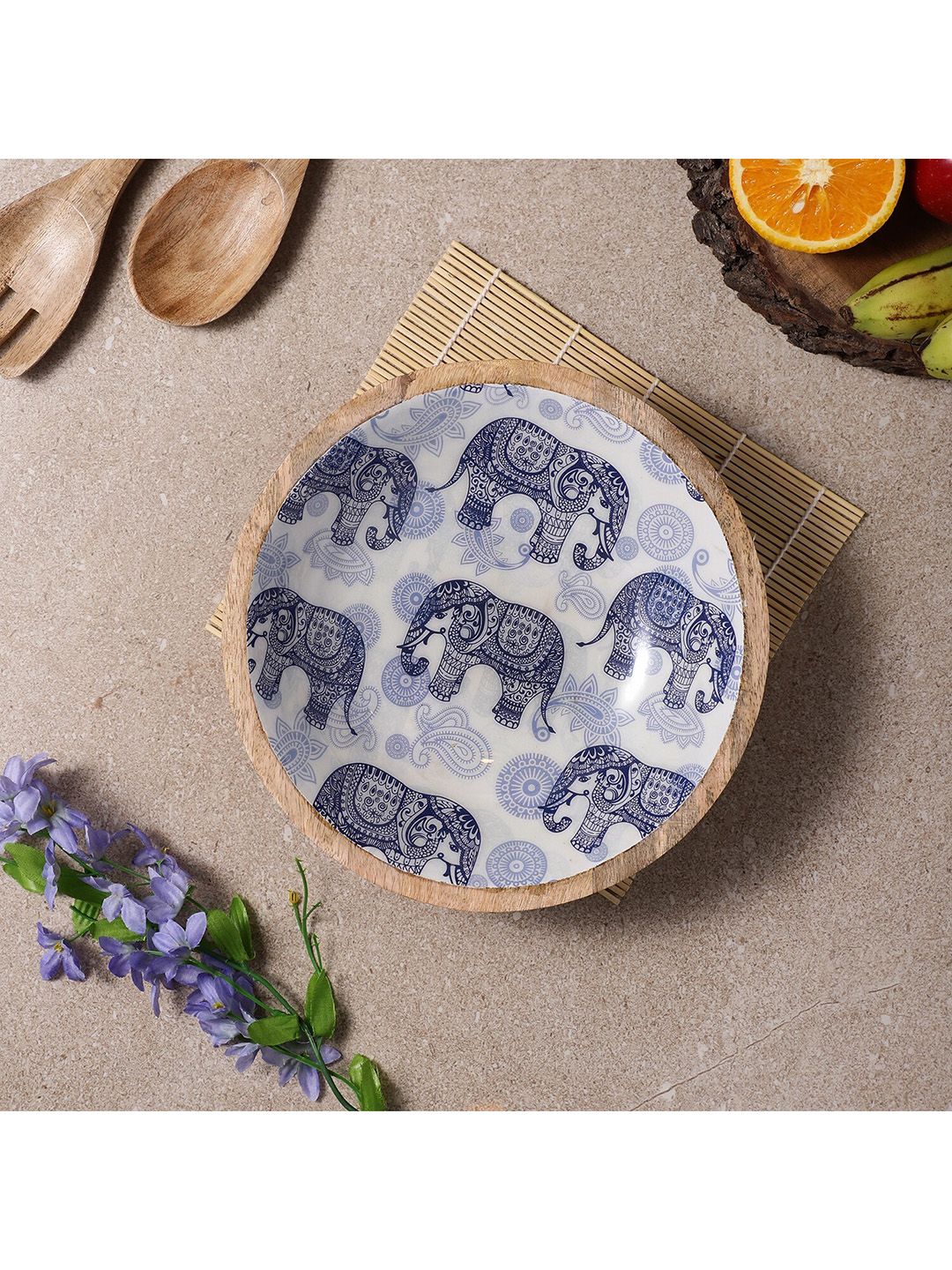 The Decor Mart Blue Elephant Printed Wooden Serving Bowl Price in India